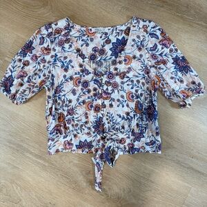 Rose + Olive V Neck Button Floral Print Summer Blouse Rayon Boho‎ Women's M